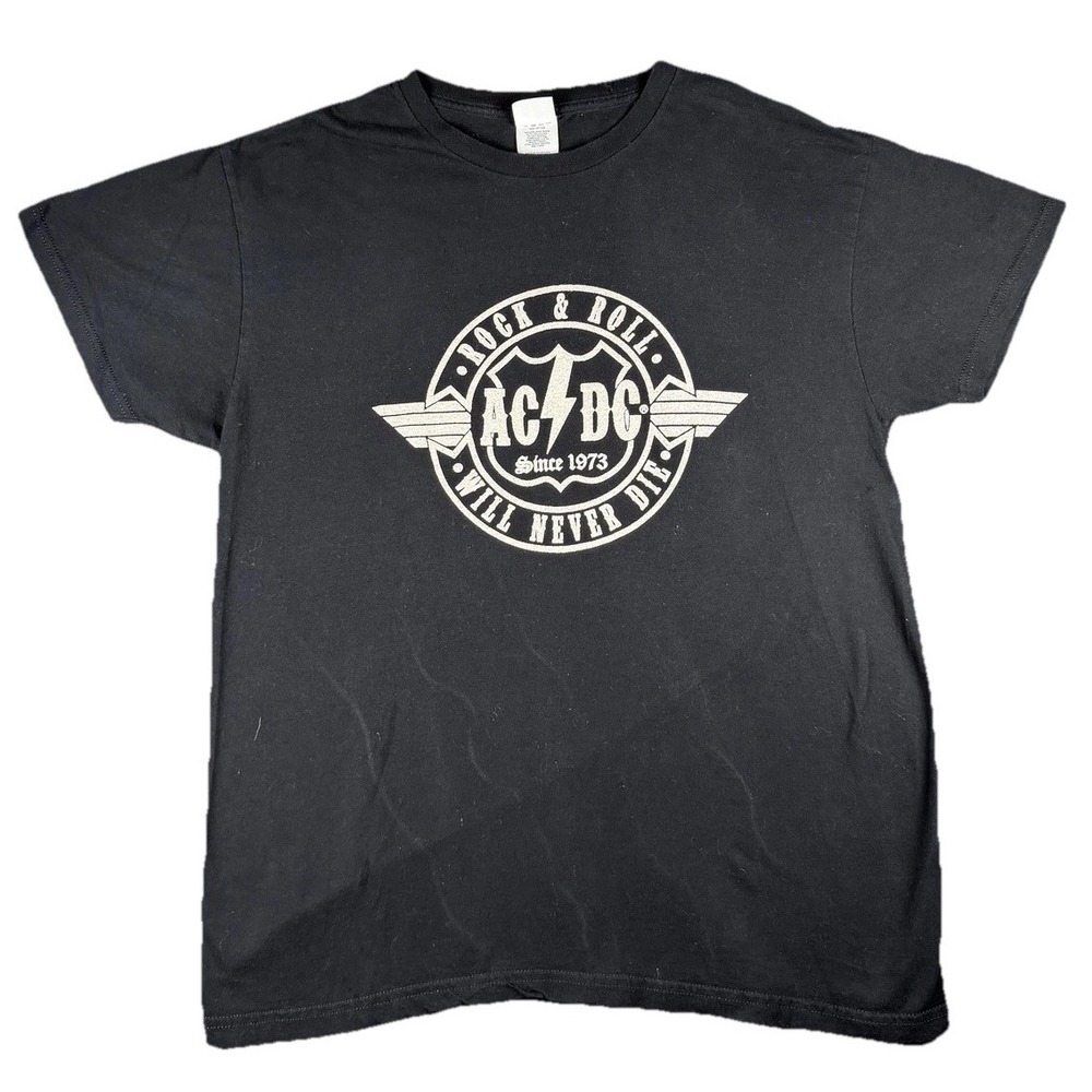 AC/DC Shirt Mens Large Black Rock & Roll Music Graphic Tee Bay Island Sportswear